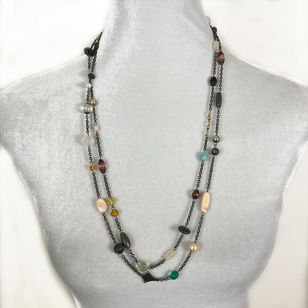 Multicolor Multi Shape Beaded Gold Tone Chain Long Layering Necklace